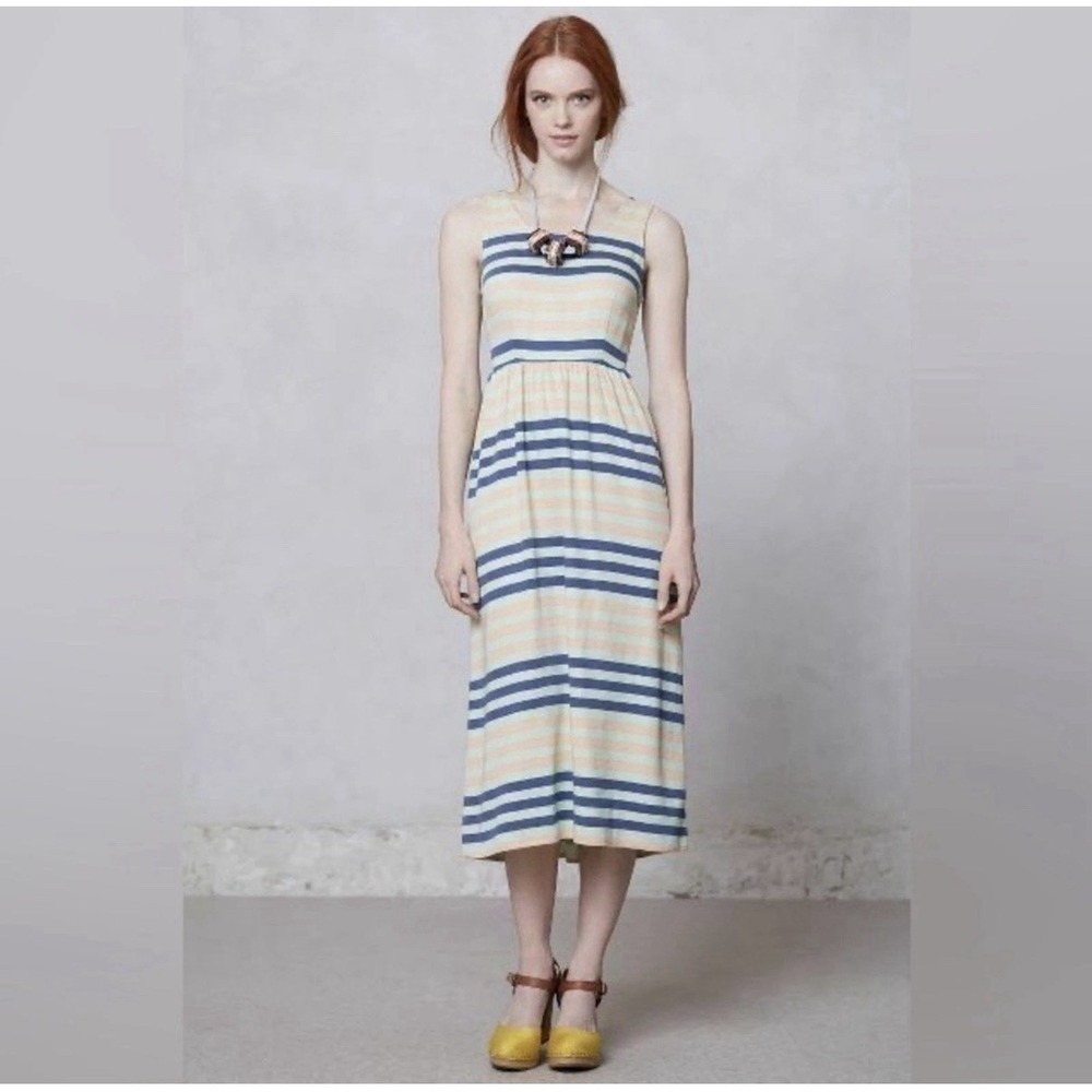 Anthropologie Dusen Dusen Spring Stripe Midi Dress Green Blue Peach Size 8 USA